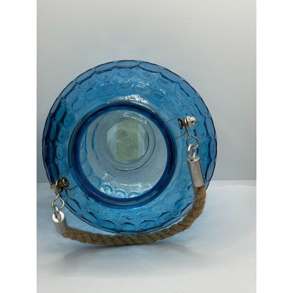 Blue Bubble Glass Hanging Candle Holder With Metal & Rope Handle - Picture 6 of 14